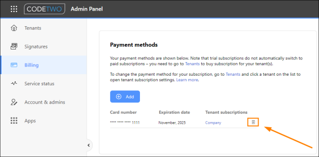 Removing a credit card from CodeTwo Admin Panel.