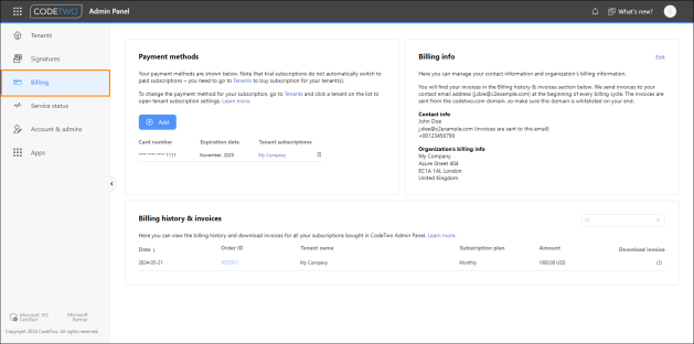 The Billing page in CodeTwo Admin Panel.