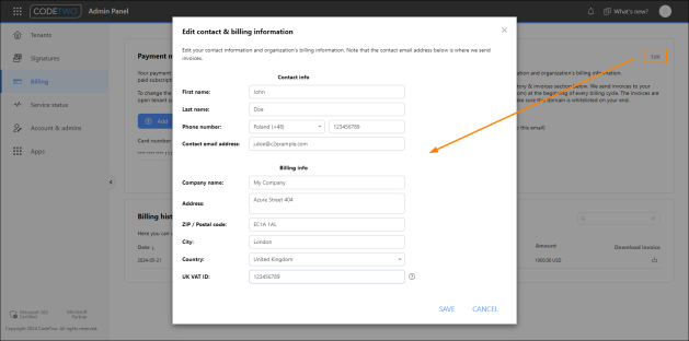 Changing the email address to which invoices are sent.