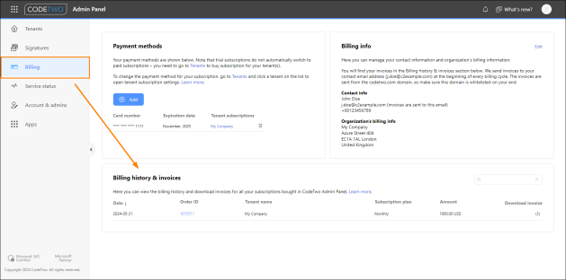 Accessing billing history & invoices in CodeTwo Admin Panel.