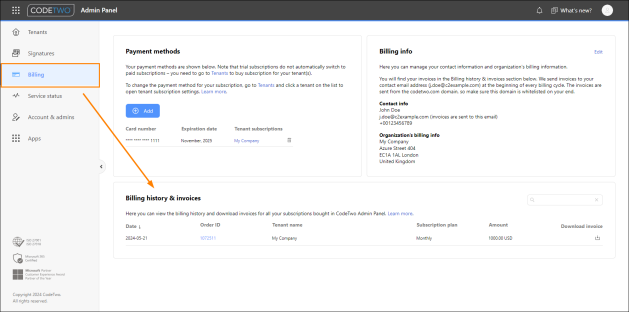 Accessing billing history & invoices in CodeTwo Admin Panel.
