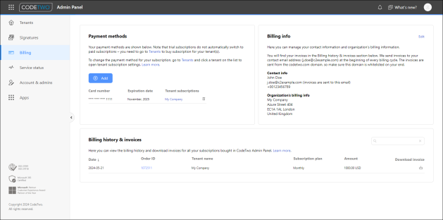 The Billing page in CodeTwo Admin Panel (viewed as the Admin Panel Owner).