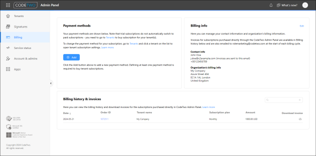 The Billing page in CodeTwo Admin Panel (viewed as the Admin Panel Owner).