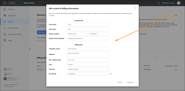 Editing an organization's billing info in CodeTwo Admin Panel.