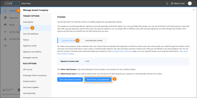Resetting license count on the Licenses page.