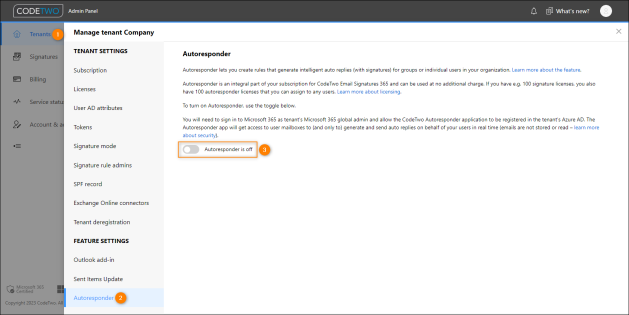 Enabling Autoresponder in CodeTwo Admin Panel.