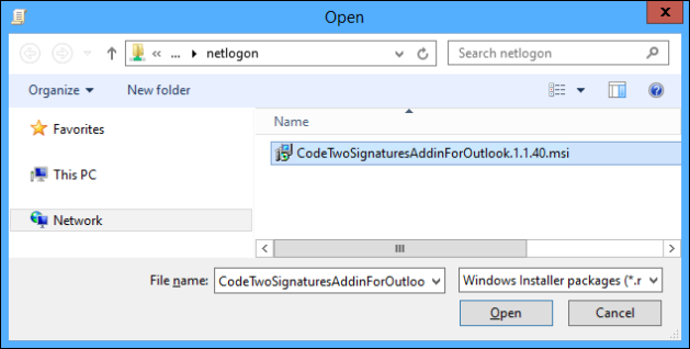 Select the CodeTwo COM Add-in's installation file.