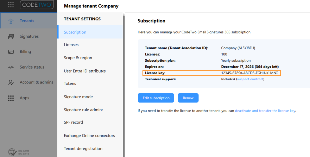 A license key assigned to the CodeTwo Email Signatures 365 subscription.