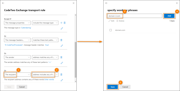 Adding specific domains to the exceptions of the CodeTwo transport rule.