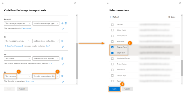 Adding a specific group's mailboxes to the exceptions from the CodeTwo transport rule.