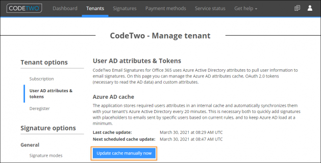 The Azure AD cache section.