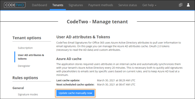 The Azure AD cache section.