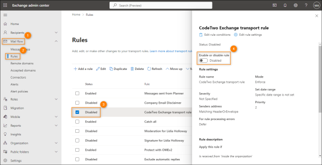 Disabling the CodeTwo transport rule in the Exchange admin center.