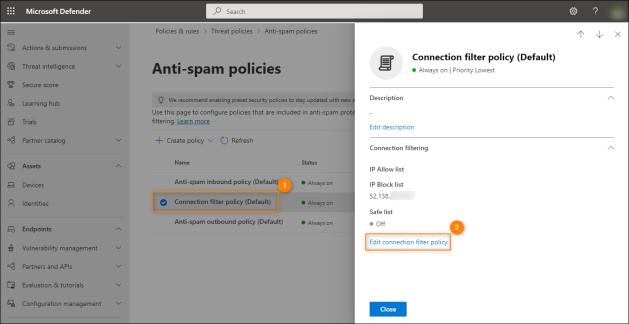 Accessing connection filter policy settings.