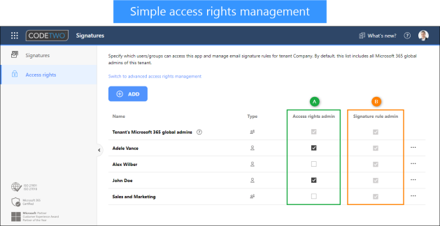 Access rights admins (A) and Signature rule admins (B) in Simple access rights management.