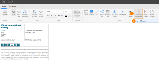 Accessing the Conditional placeholders manager in the signature template editor.