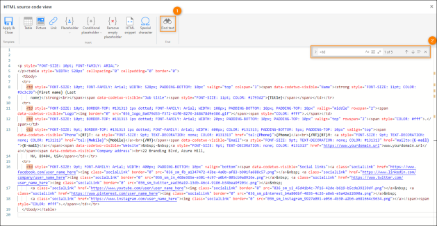 Highlighted table cell opening tags – as expected, there are five opening tags in our signature.
