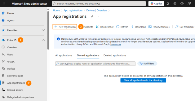 The App registrations page in the Microsoft Entra admin center.