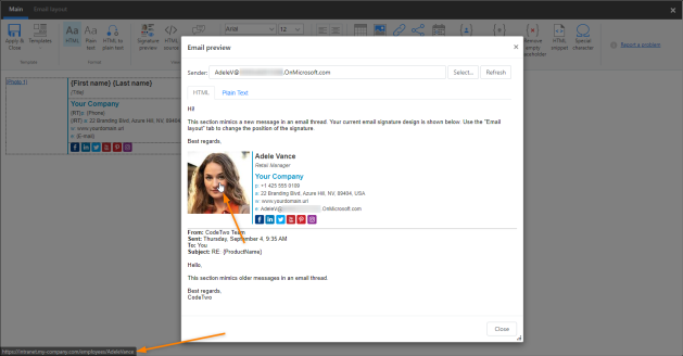 The user photo in a signature in now linked to the sender’s individual intranet profile.