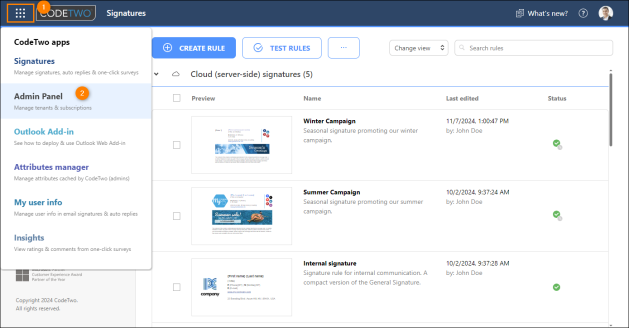 Accessing CodeTwo Admin Panel from the signature management app.