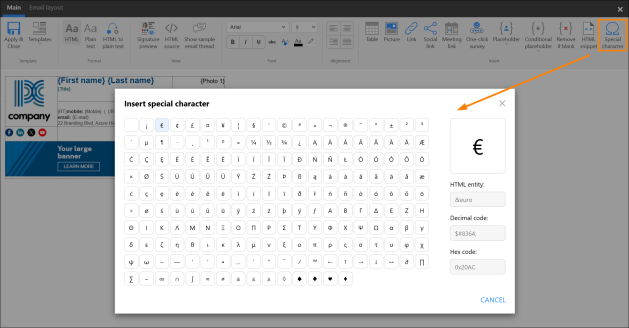 Inserting a special character into a signature template.