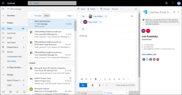 The server-side preview of your signature is displayed next to the reading pane.