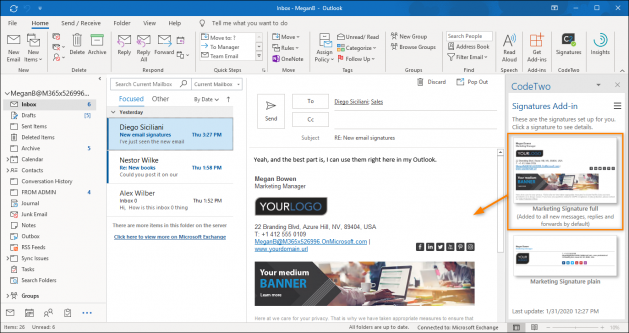 CodeTwo Signatures Add-in for Outlook automatically adds your default signature as you type. You can also preview the other available signatures via the add-in pane.