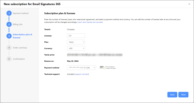 The subscription purchase wizard in CodeTwo Admin Panel.