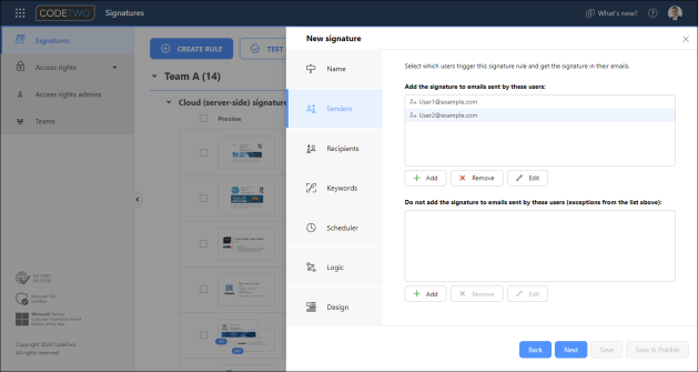 Both User 1 and User 2 are specified in a signature rule in Team A.