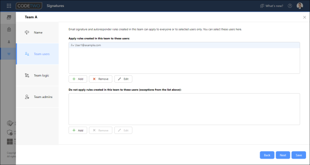 User 1 is included in Team users in Team A, while User 2 is not.