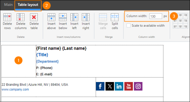 Checking the column width in the template editor.