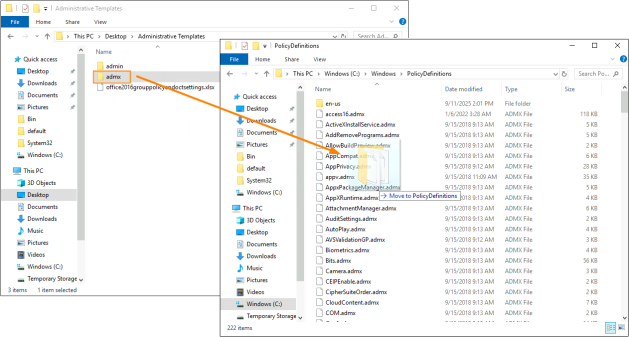 Copying the admx folder to C:\Windows\PolicyDefinitions.