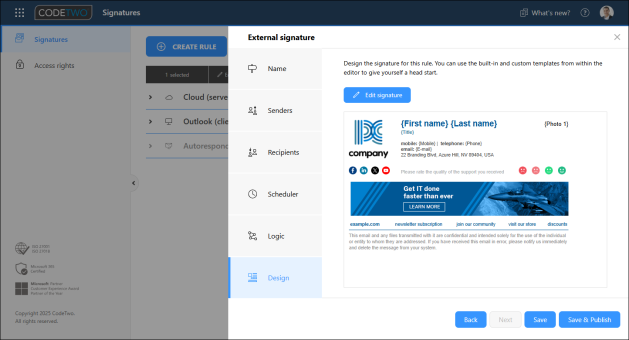 An Outlook signature template used for external messages.