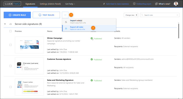 Exporting rules in CodeTwo Email Signatures 365.