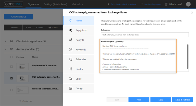 Rule conversion details provided in CodeTwo Email Signatures 365.