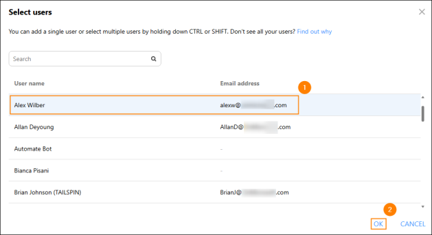Choosing the guest user from the list of available Microsoft 365 users.