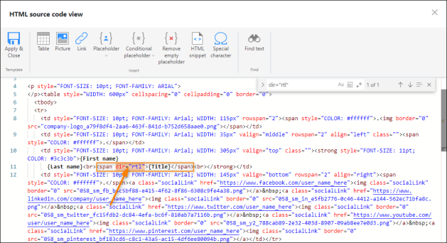 Ensuring that the text stored in the {Title} placeholder is displayed in the correct direction.