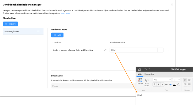 All placeholder values can be further edited in the Edit HTML Snippet window.