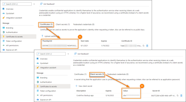 The location of a certificate thumbprint (A) and client secret (B) in Entra ID.