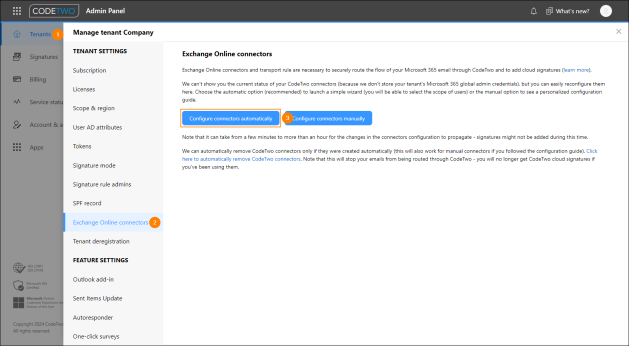 Exchange Online connectors configuration settings.