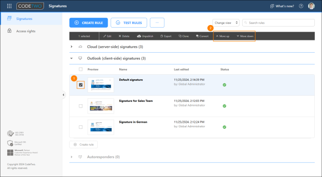 Moving the default Outlook email signature to the top of the signature rules list.