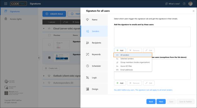 Use this condition to add a signature to emails sent by every user in your organization.