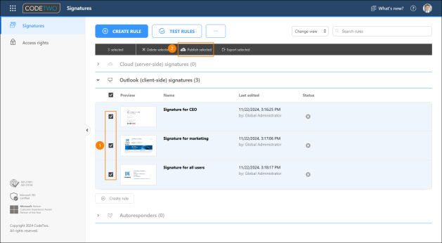 Publishing the configured signatures.
