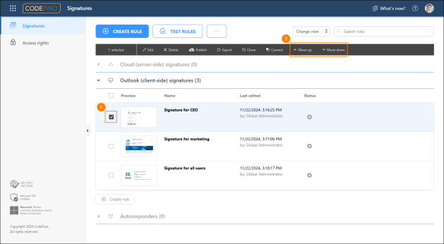 Changing the order in which Outlook (client-side) signature rules are executed.
