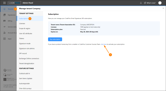 Accessing the subscription activation wizard.