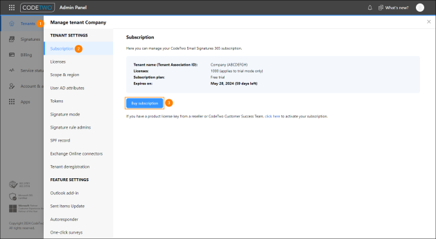 Purchasing a CodeTwo Email Signatures 365 subscription.