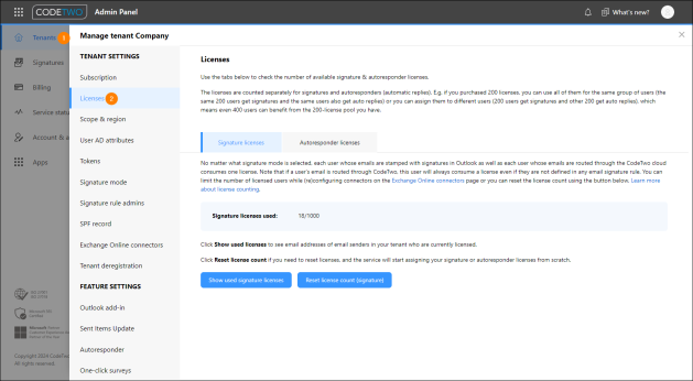 Checking the number of available signature & autoresponder licenses.