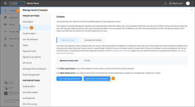 Restarting license assignment with the Reset license count button.