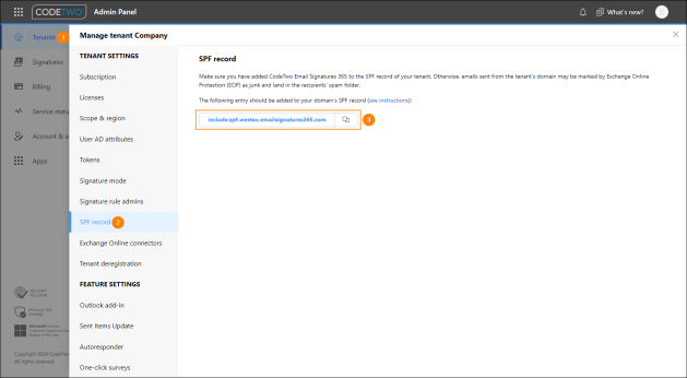 CodeTwo Admin Panel – finding the entry that needs to be added to the SPF record of your tenant.