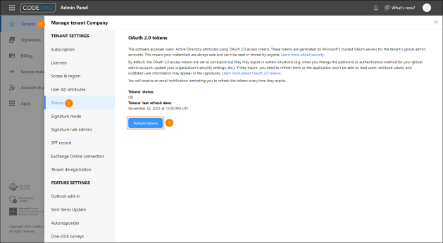 Refreshing the OAuth 2.0 tokens in CodeTwo Admin Panel.